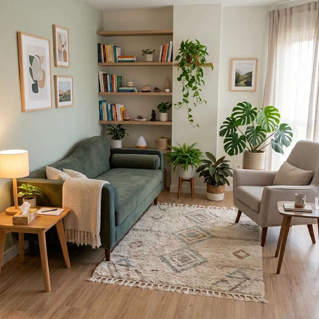 Ambiente acolhedor para terapia com divã e plantas