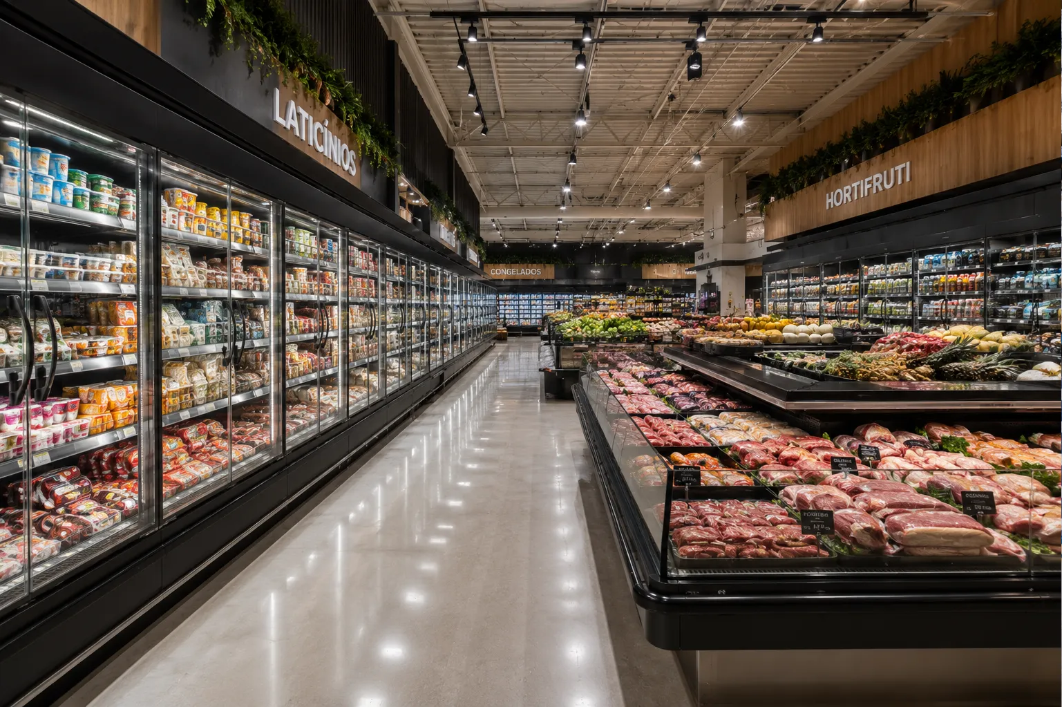 Supermercado com área de produtos refrigerados